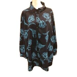 Susan Graver Blouse Womens Size 20W Blue Floral Button Front Long Sleeve **READ*